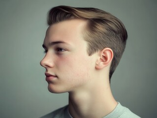 Naklejka premium Stylish Young Man Profile: A Close-Up Portrait Showing a Clean Cut Hairstyle and Youthful Features