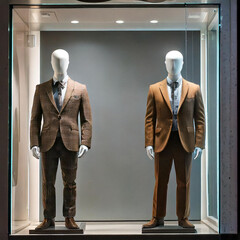Night shop window with men dressed mannequins. Clothing store