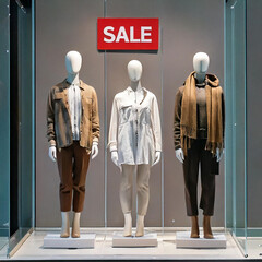 Shop windows with mannequins dressed in modern style. In sale