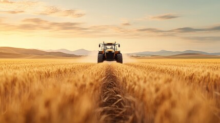 Fototapeta premium smart farming concept. A tractor moves through a golden wheat field under a serene sky, symbolizing agriculture and harvest during sunset.