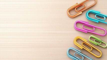 A playful clip art design of binder clips in colorful arrangements on a wooden texture backdrop.