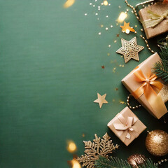 Green Christmas background with fir branches and decorations