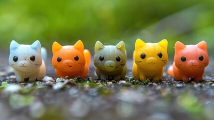 Five colorful cat figurines arranged in a playful display on a natural surface.