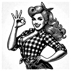 Vintage illustration of a woman in a pin-up style, with a retro aesthetic, making an 'okay' gesture, exuding confidence, and showcasing a timeless charm, embodying the classic American beauty.