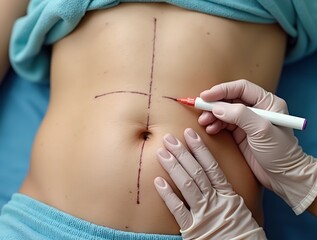 Surgical preparation for a procedure on the abdomen with markings visible on the skin in a sterile environment