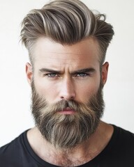 Obraz premium Portrait of a Man with a Strikingly Long Grey Beard and Stylish Hairdo. Close-up Studio Shot Showing Facial Hair Detail and Texture. Male Fashion and Grooming.