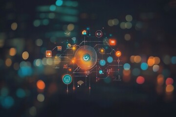 Obraz premium Futuristic digital network interface with glowing icons and bokeh city lights background.