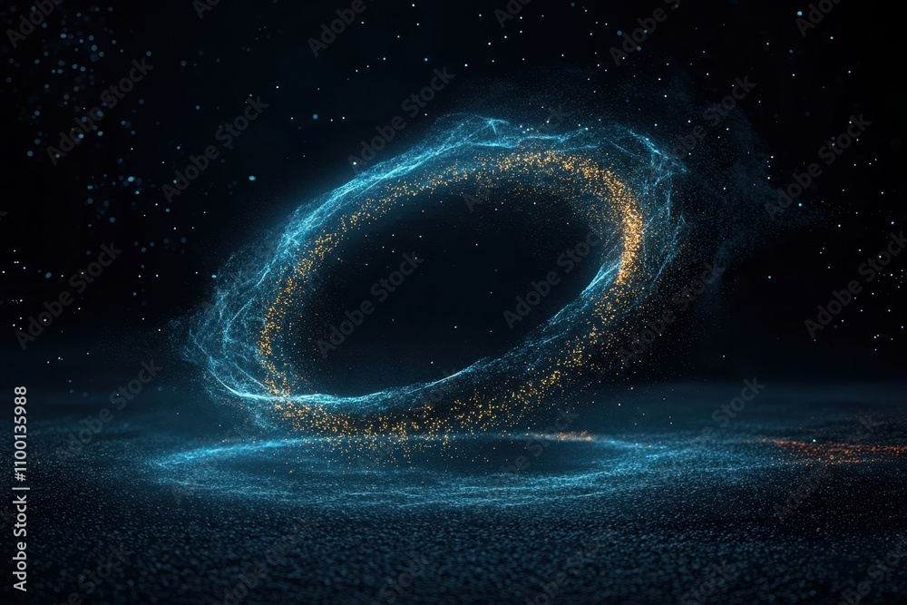 Poster A mesmerizing digital rendering of a glowing, circular formation surrounded by particles, set against a dark backdrop, evoking a cosmic or abstract theme.