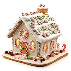 Cute Gingerbread House Adorned with Candy and Festive Lights on White Background