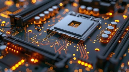 Close-up of a computer motherboard showcasing intricate circuitry and components.