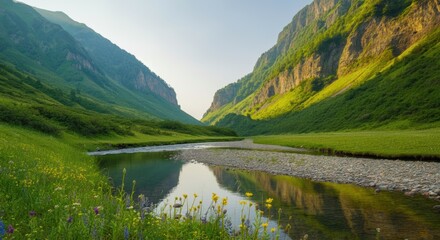 Fototapeta premium Serene Mountain River Valley Landscape Scenic Summer Nature