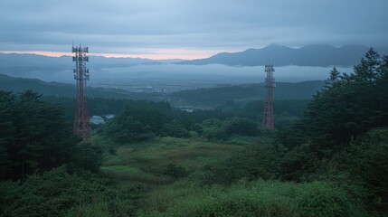 Fototapeta premium Misty dawn landscape with two communication towers overlooking a valley and distant mountains.
