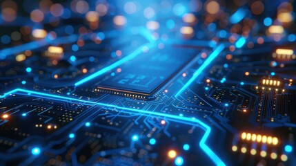 Obraz premium A close-up view of a circuit board with glowing connections and components.