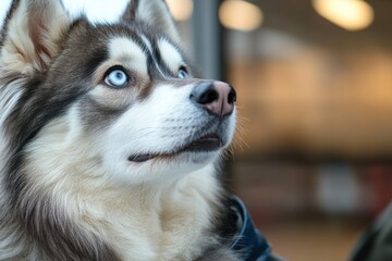  A curious husky dog looks upward with bright blue eyes.