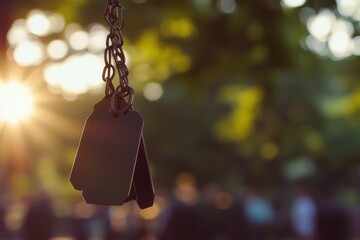 A group of military dog tags hanging from chains, illuminated by warm sunlight, with a blurred outdoor memorial event in the background.
