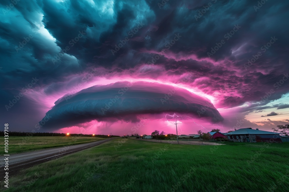 Poster a rolling thunderstorm over a vast, empty plain with bolts of lightning streaking across the sky