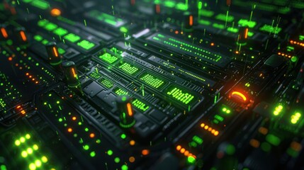Obraz premium A digital circuit board with glowing green and orange lights, representing technology and data.
