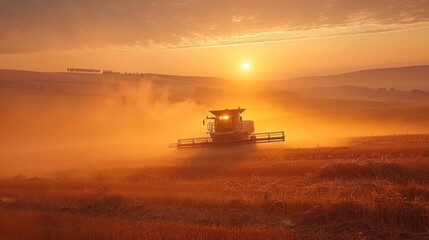 Fototapeta premium A combine harvester operates in a golden field at sunrise, creating a misty, serene atmosphere.