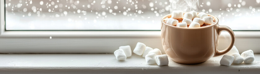 steaming mug of cocoa topped with fluffy marshmallows sits on windowsill, surrounded by scattered marshmallows, as snowflakes gently fall outside, creating cozy winter atmosphere