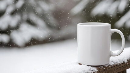 Fototapeta premium steaming mug placed on frosty wooden fence in snowy landscape creates cozy winter atmosphere. falling snow adds serene touch to scene
