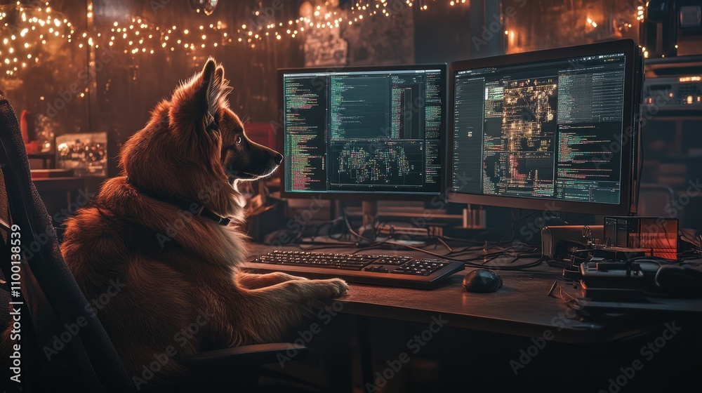 Poster A cozy scene featuring a dog at a computer desk, surrounded by soft lighting and multiple screens displaying code and graphics.