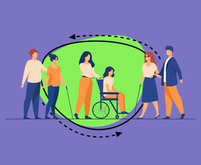 Volunteers helping disabled friends in outdoor walking, leading blind people or wheeling wheelchair. Can be used for disability, diversity, assistance concept
