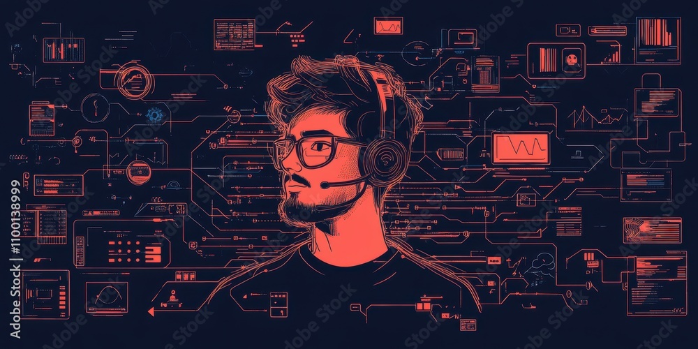 Aufkleber a person wearing headphones stands in front of a digital interface filled with various data and grap