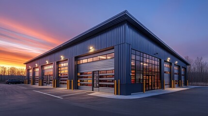 Obraz premium A premium storage facility with glass and steel exterior walls, silver roll-up doors, and a luxury modern finish, distant view showing the spacious parking lot and loading area, interior corridors
