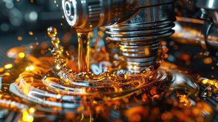 Close-up of oil splashing from a mechanical component, showcasing fluid dynamics and technology.