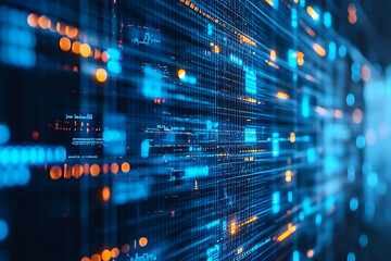 A blue abstract digital composition with floating data blocks and highlights, set against a dark background with shades of blue and teal, creating a futuristic, innovative