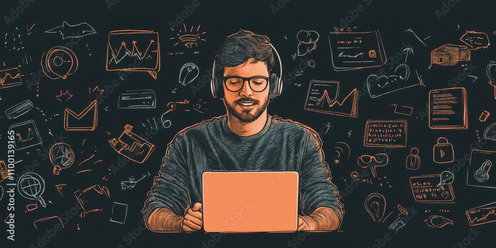 Poster a young man is working on a laptop, surrounded by various icons representing technology, data analys