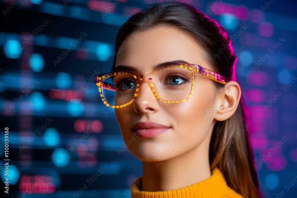 Poster A digital marketer analyzing data on a large screen, their face illuminated by glowing charts and graphs