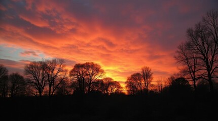 Naklejka premium Silhouetted Trees Against a Vibrant Sunset Sky