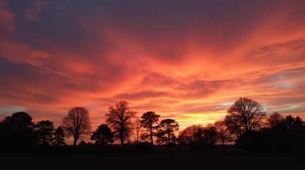 Silhouetted Trees Against a Vibrant Sunset Sky