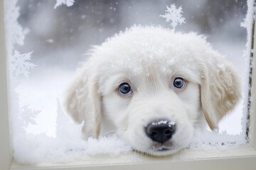 a white dog looking out a window with snow flakes on it's windowsills and a snowflaked background