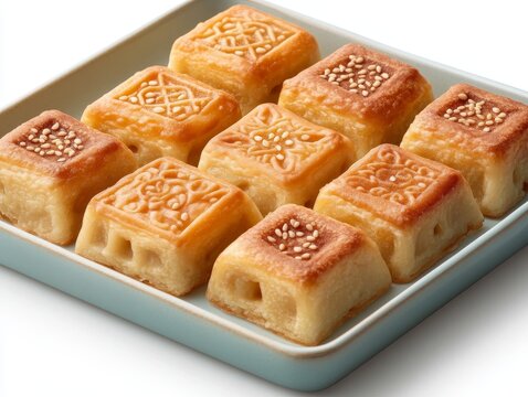 A square plate with a Moroccan chebakia dessert shaped into intricate designs and coated in honey and sesame seeds dessert, Photorealistic