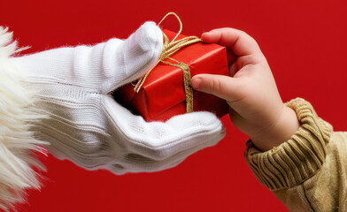 Close-up of Santa's hands giving a gift to a child's hands, on a red background	