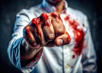 This poignant close-up of a bloodied fist in white attire embodies raw emotion and conflict, powerfully illustrating the human struggle in striking documentary photography.
