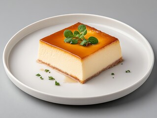 A minimalist white plate with a traditional Mexican flan de cajeta dessert, rich and creamy with a caramelized goat milk syrup on top dessert, Photorealistic