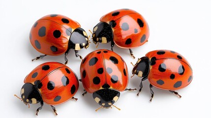 Obraz premium A photostock of vibrant red ladybugs with black spots, isolated on a clean white background, ideal for garden, insect, or nature-related designs. High Quality
