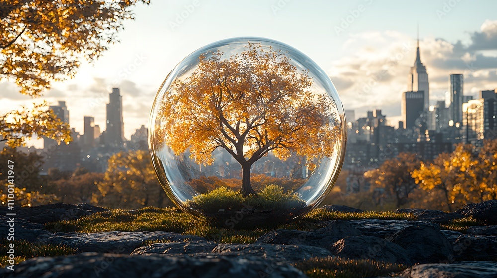 Poster captivating scene of a golden tree encased in a glass sphere with a city skyline in the background d
