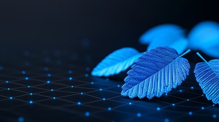 Neon circuit patterns illuminate digitally enhanced leaves, symbolizing the convergence of nature and technology.