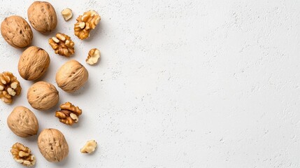 A photostock of walnuts in their shells and neatly cracked, spread on a white background, ideal for promoting healthy snacks or baking ingredients. High Quality