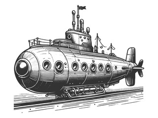 Fototapeta premium Cartoon steampunk Submarine sketch engraving generative ai raster illustration. T-shirt apparel print design. Scratch board imitation. Black and white hand drawn image.