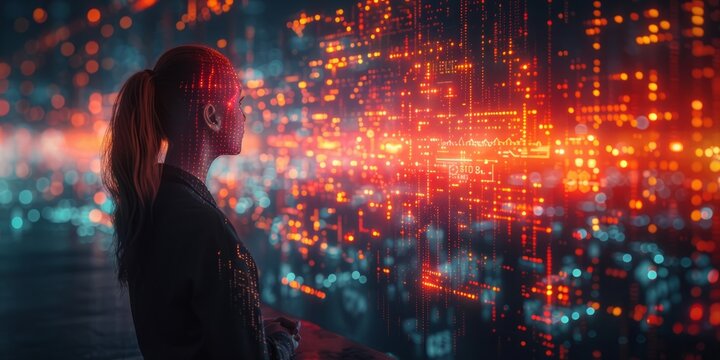 Woman observing glowing digital data interface with red and blue holographic elements in a futuristic environment