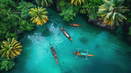 Aerial view of boats navigating through turquoise waters surrounded by lush tropical vegetation.