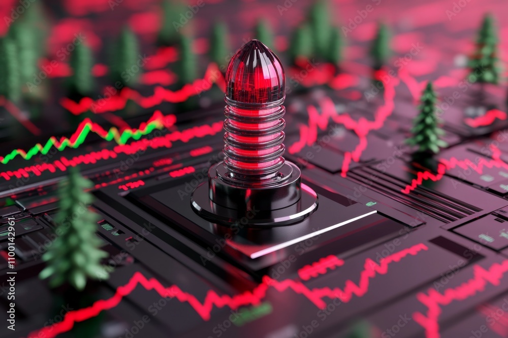 Poster a dynamic digital illustration of a futuristic trophy surrounded by animated stock market graphs in 