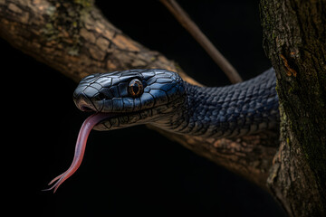 Fototapeta premium A blue snake, slithering on a tree branch, its tongue protruding from its mouth, Generative AI