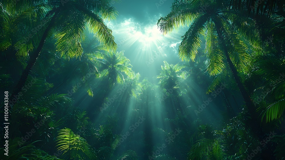 Leinwandbilder serene and lush tropical jungle with sunbeams filtering through palm trees, evoking a sense of tranq