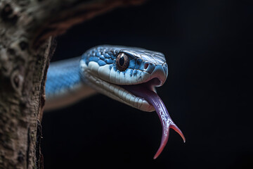 Obraz premium A blue snake, slithering on a tree branch, its tongue protruding from its mouth, Generative AI